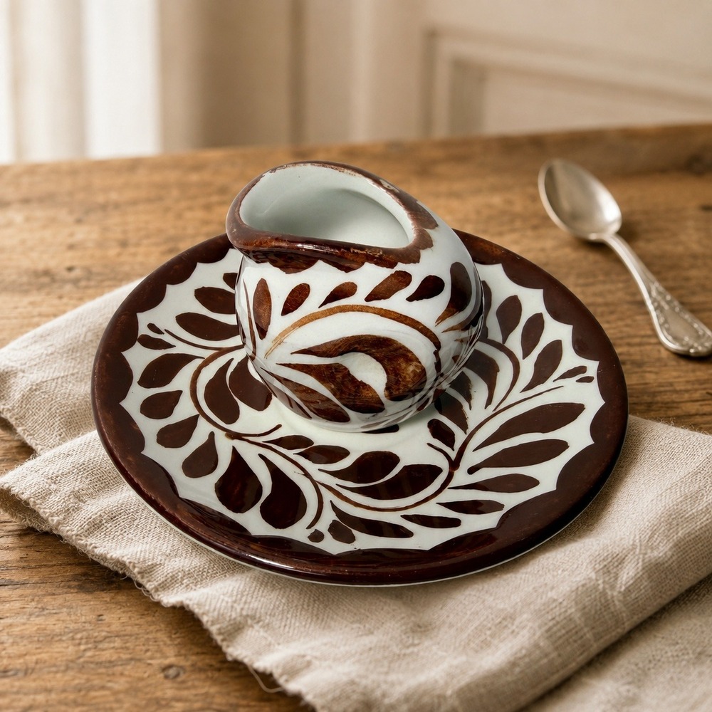 Vitreo Anfora Hand Painted Creamer Saucer Set Brown White Mexican Pottery